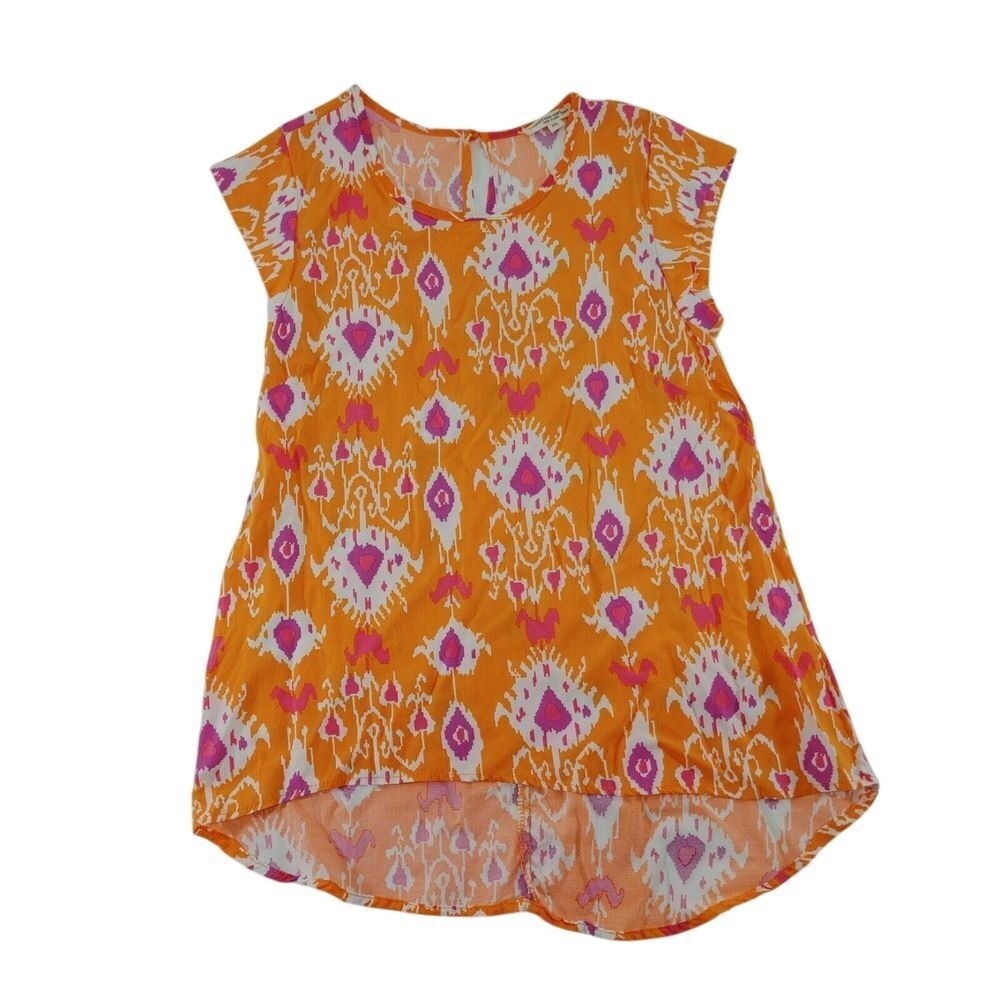 Vibrant Orange & Pink Ikat Print High-Low Sleeveless Blouse Summer Top Size XS